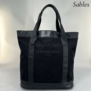 1円　極美品 BALENCIAGA バレンシアガ ネイビートート トートバッグ ハンドバッグ バッグ キャンバス×レザー 黒 2WAY メンズ 57168