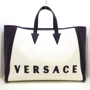 ヴェルサーチ VERSACE トートバッグ ロゴ キャンバス×レザー 白×黒 美品 バッグ