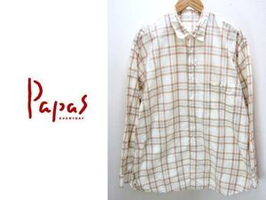 ●パパス PAPAS★オフホワイト×茶チェック長袖シャツL●BE