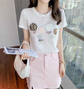 大人気 ラウンドネック かわいい系 Tシャツ 半袖 オシャレ カジュアル リボン S カーキ