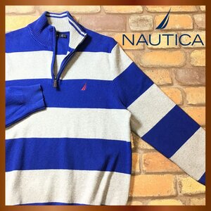 ME8-311★状態良好★USA古着★【NAUTICA ノーティカ】刺繍ロゴ 太ボーダー柄 ハーフジップセーター【メンズ L】青 グレー コットンニット