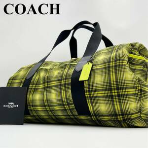 【極美品/希少色】COACH コーチ メンズ ボストンバッグ ショルダー ハンド ビジネス ナイロン A4 PC 蛍光色 チェック