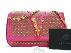 ■新品同様■ VERSACE ヴェルサーチ サテン カラーストーン クロスボディ ショルダーバッグ ポシェット 斜め掛け ピンク系 AZ0637