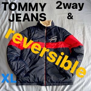 TOMMY JEANS トミー 2way リバーシブル アウター ベスト ブルゾン フリース ジャケット 防寒 レジャー アウトドア キャンプ GOLF XLサイズ