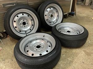 鉄チン　加工ホイール　テッチン　15インチ　PCD100 ハブ径54mm 165/55R15 中古タイヤ　引っ張り　深リム　7j＋16 4本