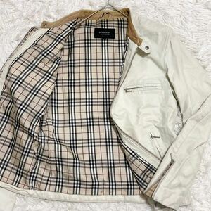 【希少色●L】バーバリーブラックレーベル ライダースジャケット ラムレザー ノバチェック BURBERRY BLACK LABEL 羊革 コーデュロイ 白