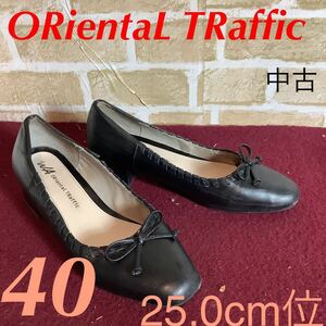 【売り切り!送料無料!】A-244 ORientaL TRaffic!リボンパンプス!黒!40 25.0cm位!リボン!かわいい！太めヒール!安定感あり!中古!