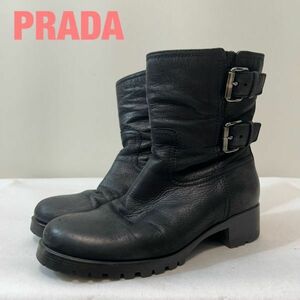 O0027★8 高級 PRADA プラダスポーツ archive レザー部分 厚底 ラバーソール ショート エンジニアブーツ シューズ 黒 ダブルバックル