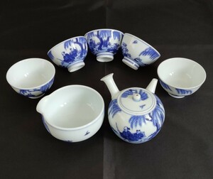 京都名工 東陽軒平八製 染付 急須＆湯冷まし＆湯呑5客セット 煎茶道具 煎茶碗 茶器セット 時代物 アンティーク 骨董【現状品】xy520237