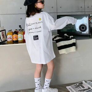 キッズ 子供服 Tシャツ トップス カジュアル ロングTシャツ 女の子 春夏 ゆったり 可愛い ジュニア 長袖 英文字 薄手 KUFB017（110-160）