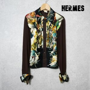 HERMES エルメス サイズ38 ボタニカル柄 シルク シフォン ストレッチあり フリル プリーツ 長袖 シャツ ブラウス ブラウン マルチカラー