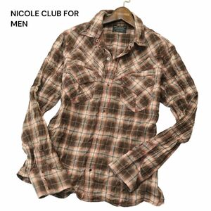 NICOLE CLUB FOR MEN ニコルクラブ フォーメン 通年 シワ加工 襟ワイヤー★ 長袖 ウエスタン チェック シャツ Sz.48　メンズ　A4T05304_5#C