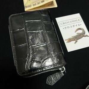 実物　永遠の黒　ブラック　金運UP色　クロコダイル メンズ ラウンドファスナー ワニ 鰐本革　手染め手作り　コンパクト　ミニ財布　人気//