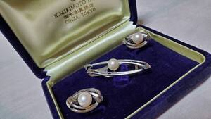 正規美 希少 MIKIMOTO ミキモト 大粒パール ラインアートSVカフス ネクタイピン SET カフリンクス 1Pボタン タイピン クリップタイバー 箱