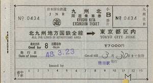 ◎【 北九州 周遊券 】北九州地方国鉄全線 → 東京都区内 Ｓ４８.３.２３　蒲田駅 発行　 Ｂ券・表紙