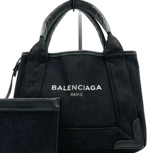 《美品》BALENCIAGA バレンシアガ ネイビーカバスXS ミニトートバッグ レザー キャンバス ポーチ付 ブラック 手提げ