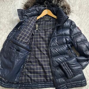 未使用級XLサイズ!!! BURBERRY BLACK LABEL バーバリーブラックレーベル フォックスファー ダウンジャケット ブラック チェック総柄