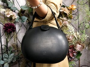 ●超美品●LOEWE ロエベ●アナグラム●ロゴ型押し●カーフ レザー 本革●丸型 ハンド バッグ●黒●ゴールド金具●腕掛け●かばん●Js53236