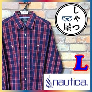 ME6-279★美品★USA買付品【NAUTICA ノーティカ】刺繍ロゴ 長袖 チェックシャツ【メンズ L】紺×赤 長袖シャツ ワークシャツ 大きいサイズ