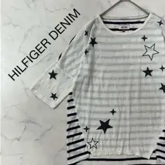 HILFIGER DENIM 切替 ロゴ 星柄 ボーダー五分袖 Tシャツ XS