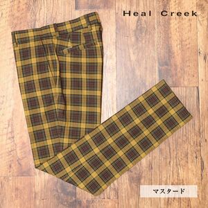 1円/秋冬/Heal Creek/88cm/チェック柄パンツ ストレッチ 保温 ウエストゴム レトロ 上品 ゴルフ 新品/マスタード/jd104/