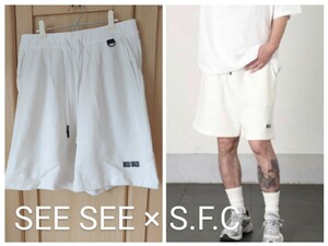 SEE SEE × S.F.C メンズM シーシー X ストライプフォークリエイティブ コットン スェット ショートパンツホワイト 日本製 20SS