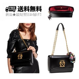 K280.. MOSCHINO モスキーノ ショルダーバッグ スカーフ付 チェーン ロゴ★ ブラック