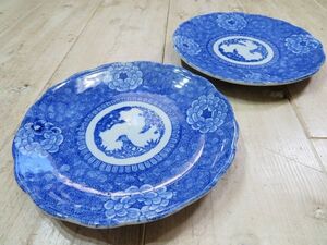 【ビンテージレトロ/USED/良品】 明治～大正 印判 中皿 2枚set 松竹梅 鳳凰 検索用⇒ 皿/盛り皿/アンティーク/陶器/藍色/染付/B0808