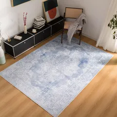 03ブルー_160X230cm［ラグ］約3畳 u-living カーペット 3畳 ペルシャ 絨毯風 ラグ マット 160X230CM 洗える 花柄 オールシーズン 軽量 滑り止め 防ダニ 防臭 ブルー 床暖房対応