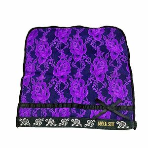 【中古】ANNA SUI アナスイ タオルハンカチ ハンドタオル パープル×ブラック 花柄 バラ レース リボン ロゴ刺繍 レディース【匿名配送】