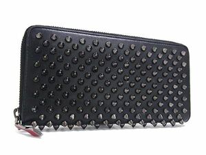 1円 ■美品■ Christian Louboutin クリスチャンルブタン パネトーネ レザー ラウンドファスナー 長財布 ウォレット ブラック系 FD2383