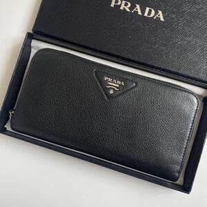 【現行★極美品】PRADA プラダ 長財布 ヴィッテロダイノレザー ラウンドファスナー 三角ロゴ ステッチ シルバー金具 黒 シボ革 1ML506