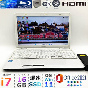 極速i7【メモリ16GB+爆速新品SSD/Core i7-3.10GHz】Windows11Pro/Office2021/Blu-ray/Webカメラ/USB3.0/筆ぐるめ/人気東芝ノートパソコン