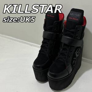 size:UK5【KILLSTAR】キルスター 厚底 ハイカット スニーカー ブーツ レースアップ ロゴ 刺繍 黒 ブラック