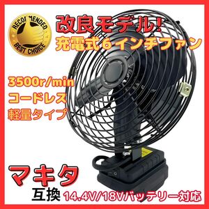 (A) マキタ makita 充電式 互換 6インチ 扇風機 卓上 ファン 静音 小型 キャンプ コードレス 電動 18V 14.4V バッテリー 対応 ブラック