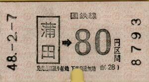 ◎ 国鉄　蒲田【 区間 乗車券 】蒲田 → ８０円 区間 Ｓ４８.２.７ 軟券 　　　