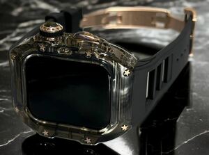 クリアブラック&ローズゴールド★アップルウォッチバンド ラバーベルト カバー Apple Watch クリア ケース 44mm 45mm series9.8.7.6.5.4.se