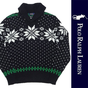 新品 POLO RALPH LAUREN SHAWL COLLAR SWEATER ポロ ラルフローレン ショールカラー セーター ニット ブラック 雪柄 ポニー KNIT RL M 正規