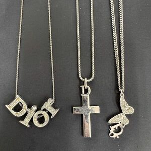 K708△★Christian Dior クリスチャンディオール ネックレス 3点セット シルバーカラー ロゴ クロス 蝶 ストーン アクセサリー まとめ ⑩