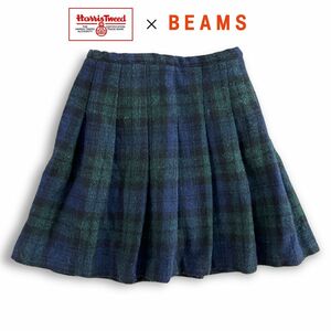 BEAMS BOY × HARRIS TWEED 別注 0 レディース ツイード プリーツ フレア スカート チェック 秋 冬 日本製 ビームス ボーイ ハリスツイード