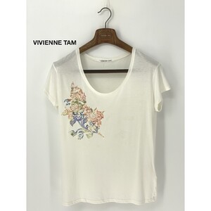 A9970/ビンテージ 00s VIVIENNE TAM ヴィヴィアンタム コットン ストレッチ Uネック 花刺繍 半袖 Tシャツ カットソー 1 S 白 レディース