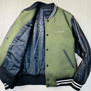 未使用並/XL-XXL相当★コーチ/COACH ステッチ装飾 袖レザー コンビスタジャン ジャケット 羊革 シグネチャー総柄 中綿ブルゾン メンズ