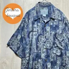 メンズ　柄シャツ　アロハ　青系　レトロ　エスニック　ボタニカル　古着