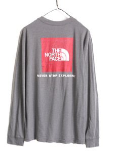 ノースフェイス 両面 プリント 長袖 Tシャツ メンズ M The North Face アウトドア ロンT プリントT ロゴT バックプリント クルーネック 灰