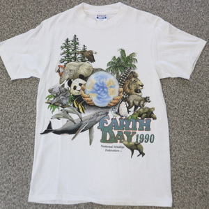 80s EARTH DAY Wildlife 動物 アニマル Tシャツ M ホワイト 地球 アースデイ パンダ カエル ライオン ゾウ イラスト 90s ヴィンテージ