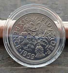 1959年 ヴィンテージ 幸せのシックスペンス イギリス ラッキー6ペンス 英国コイン 美品です 本物 19.5mm 2.8gram