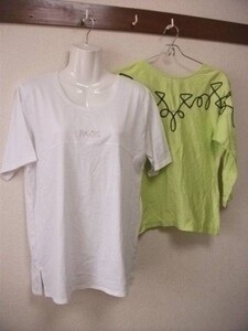 assk2-687☆お得　レディース　Tシャツ/長袖カットソー2枚セット　トップス　白/ライムグリーン　綿混素材　