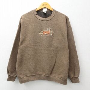 L/古着 リー Lee 長袖 スウェット メンズ 00s シカ 刺繍 クルーネック 茶 ブラウン 霜降り 24feb02 中古 スエット トレーナー トップス