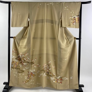 訪問着 身丈162cm 裄丈65cm M 袷 几帳 桜 金糸 金彩 ベージュ 正絹 秀品 【中古】