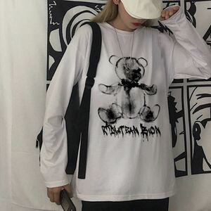 Tシャツ ビッグシルエット 長袖 トップス くま プリント ロングスリーブ シャツ カットソー 原宿系 韓国系 オルチャン ホワイト 白 XL